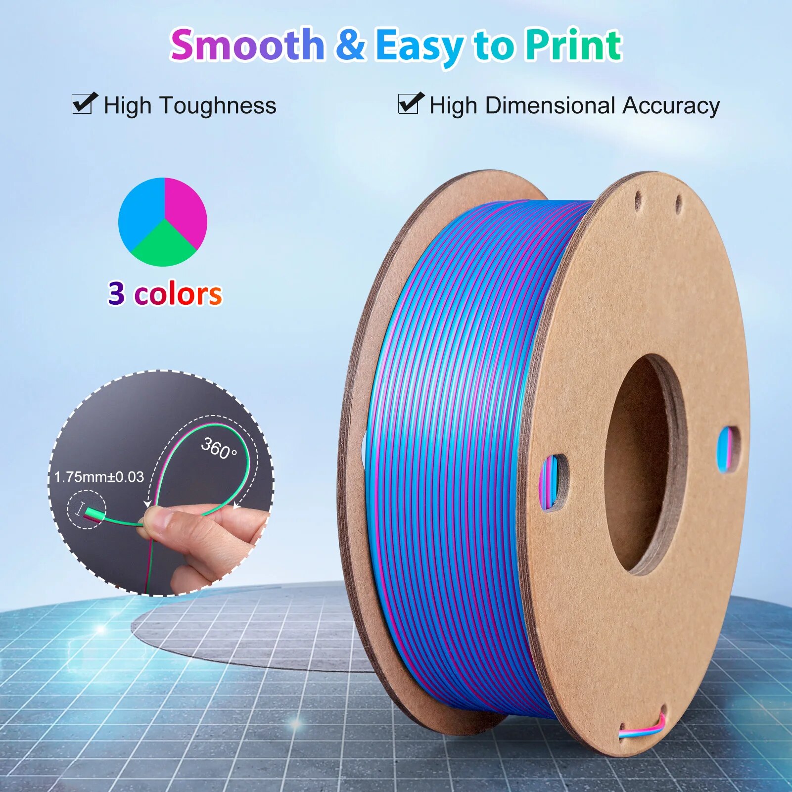 Filamento de impressora 3d pla de seda 1.75mm filamento pla de seda triplo cor filamento de impressão 3d 250g 3 em 1 cor rosa vermelho céu azul verde