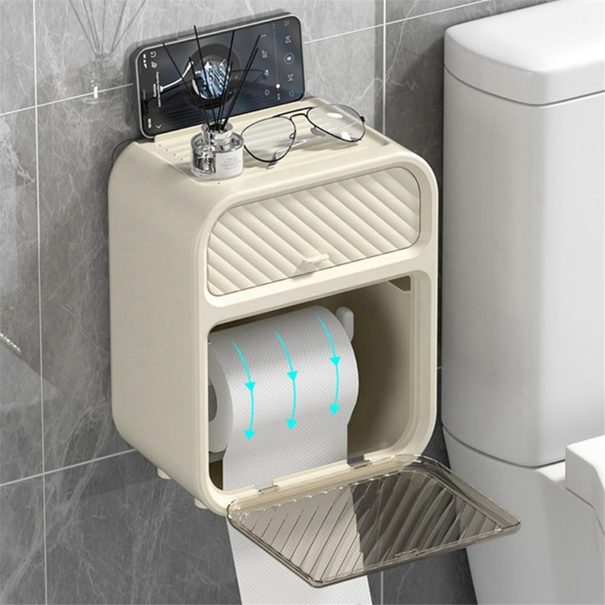 Waterproof Roll Toilet Paper Holder with Storage Wall Mounted, Adhesive Tissue Storage Box with Shelf for Bathroom
