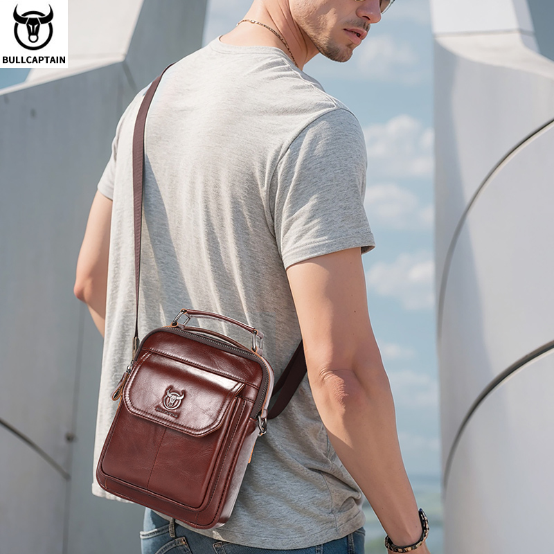 BULLCAPTAIN-Bolsa De Ombro De Couro Genuíno Para Homens, Bolsa Multifuncional Tablet, Bolsa Crossbody Casual, Couro De Vaca Retro, 7.9"