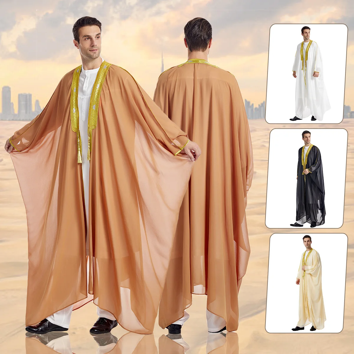 Herren Robe muslimische Kleidung Kimono lose Abaya Kleider Langarm bestickt Chiffon Kaftan lässig formale Dubai Thobe