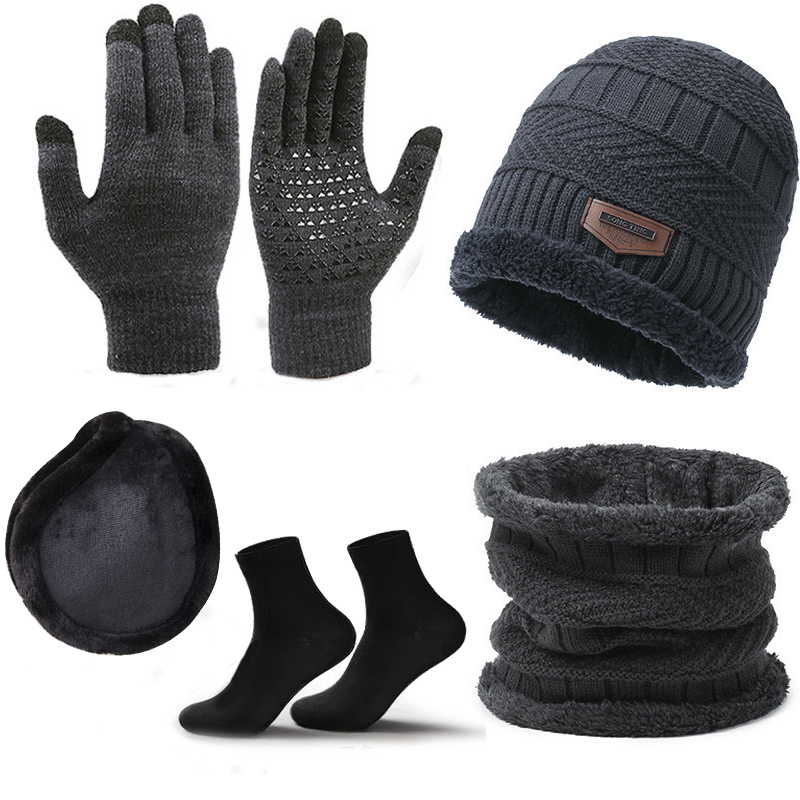 Pakhoed Heren wintersjaal, handschoenen, sokken, vijfdelige sjaal, halssjaal, warme winterhemel gebreide muts