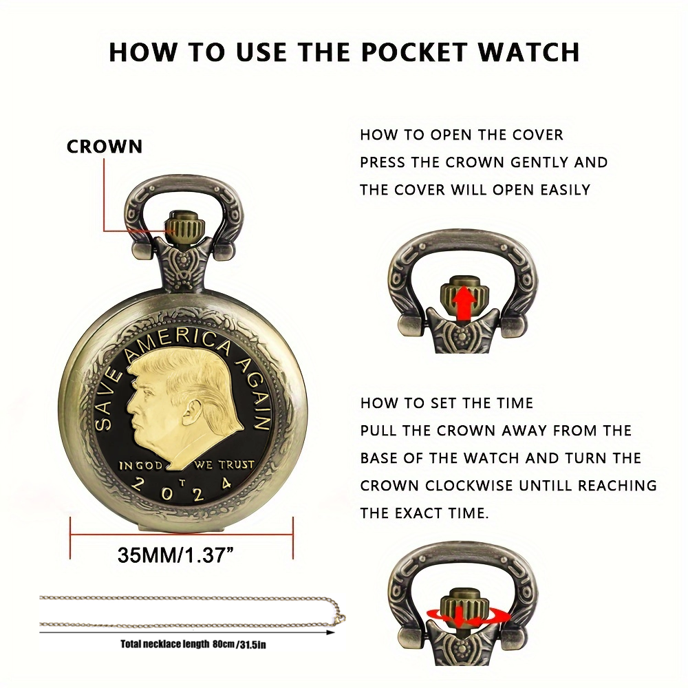 Montre de poche commémorative Trump 2024 Corp, style vintage, mouvement à quartz, cadran rond, collier en bronze unique, cadeau souvenir