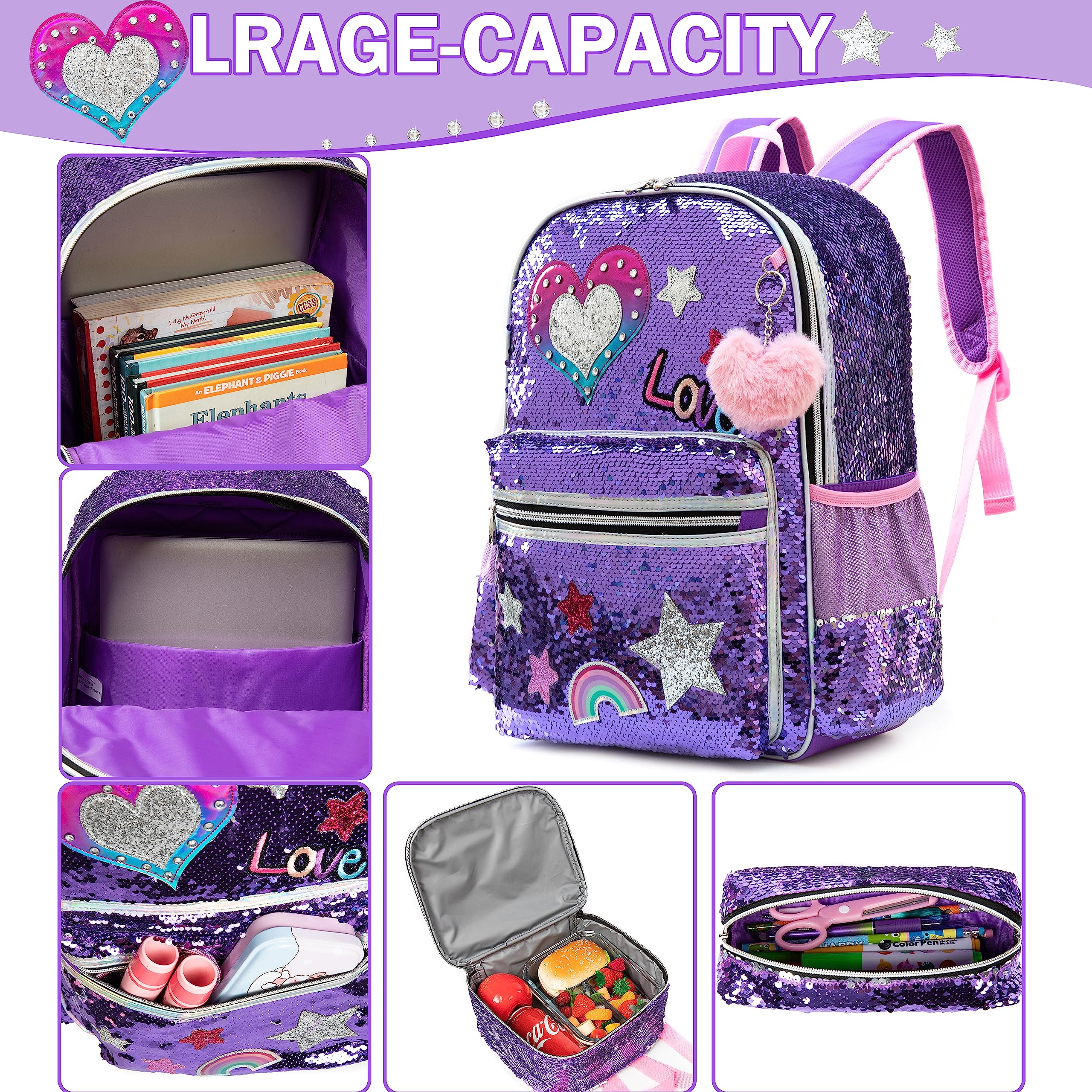 Backpack for Girls 16" Backpacks for Girls for School Sequin Backpack with Lunch Box for Elementary Students