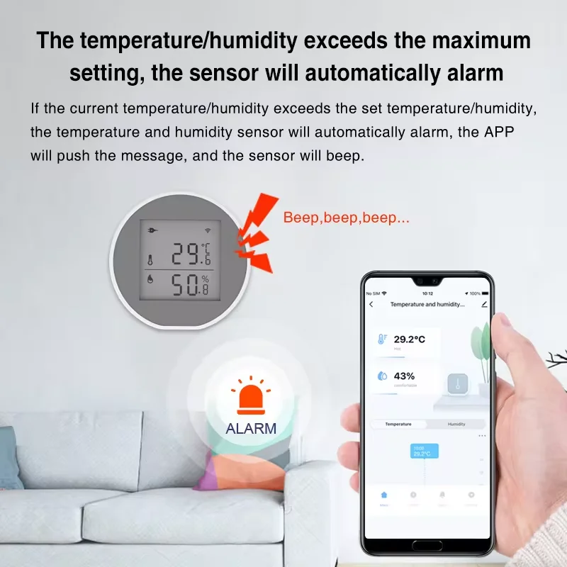 Tuya wifi sensor de umidade temperatura lcd display digital termômetro sensor 55db alarme sonoro suporte usb ou alimentado por bateria