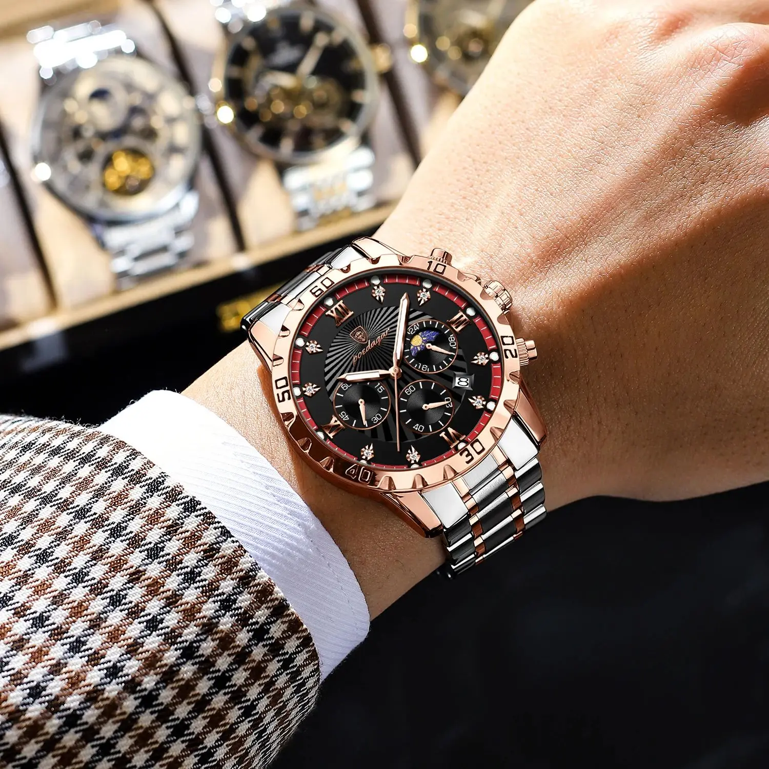 Reloj militar de lujo POEDAGAR para hombre, cronógrafo luminoso resistente al agua con fecha, reloj de pulsera para hombre, relojes de cuarzo de acero inoxidable para hombre