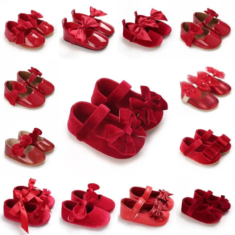 Frühling und Herbst Mädchen Baby Schuhe Klassische Mode Rot Thema Nette Schleife Prinzessin Schuhe Gummi Sohle Anti-rutsch Bequeme Walking Sh