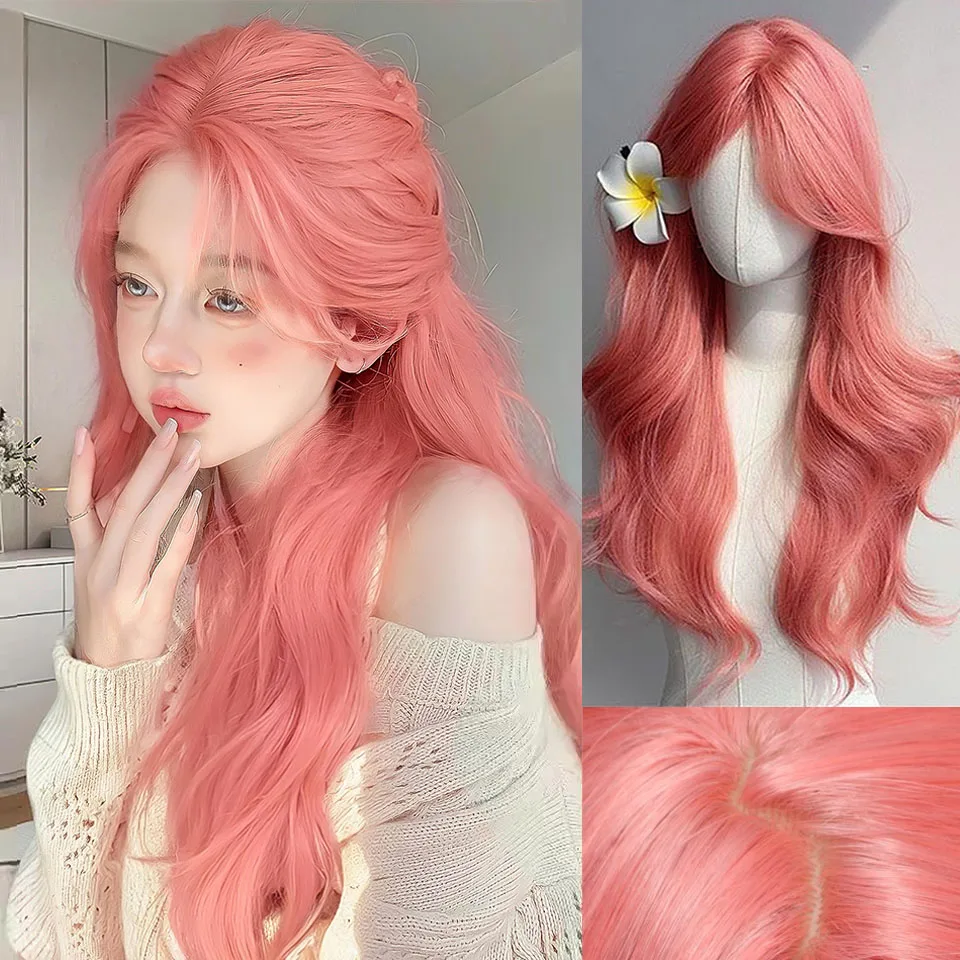 Peruca rosa longa ondulada sintética, parte intermediária, onda natural, resistente ao calor, cosplay, festa diária, adequada para mulheres lm