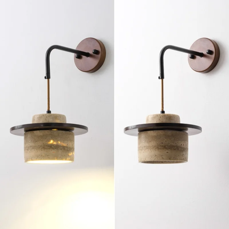 IWHD Saklar Rantai Tarik Lampu Dinding LED Perlengkapan Dapur Restoran Batu Travertine Kuning Kayu Lampu Samping Tempat Tidur Modern Nordic Tempat Lilin