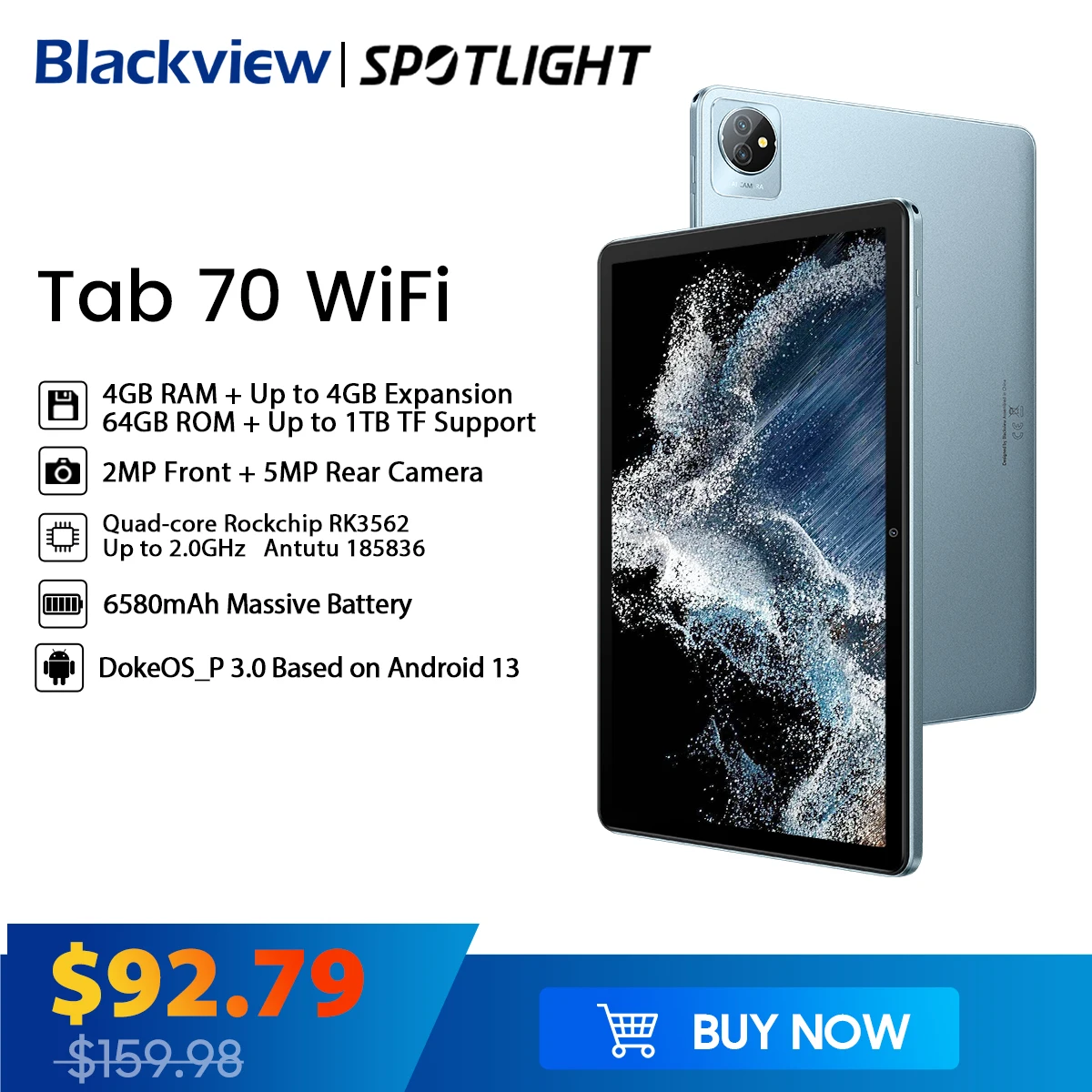 Blackview Tab 70 WIFI Android 13 Tablet PC 4GB 64GB Pantalla HD+IPS de 10,1 pulgadas 6580mAh 2.4G/5G WiFi