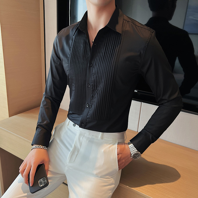 Hochwertiges schwarz/weißes Langarmhemd für Herren, plissiertes Falt-Smokinghemd, formelle Business-Slim-Fit-Blusen für Bräutigam und Hochzeitskleid