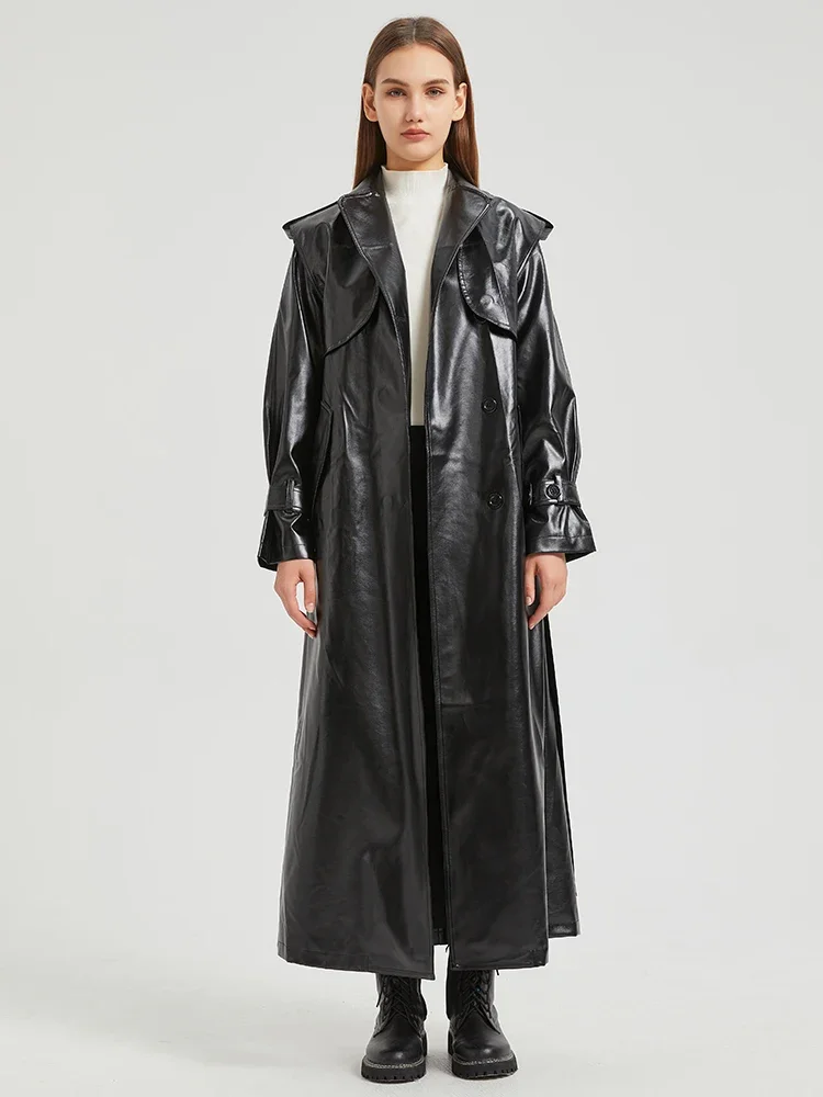 Lautaro-gabardina Extra larga de charol dorado brillante para mujer, abrigo de diseñador de lujo con una hilera de botones, otoño 2024