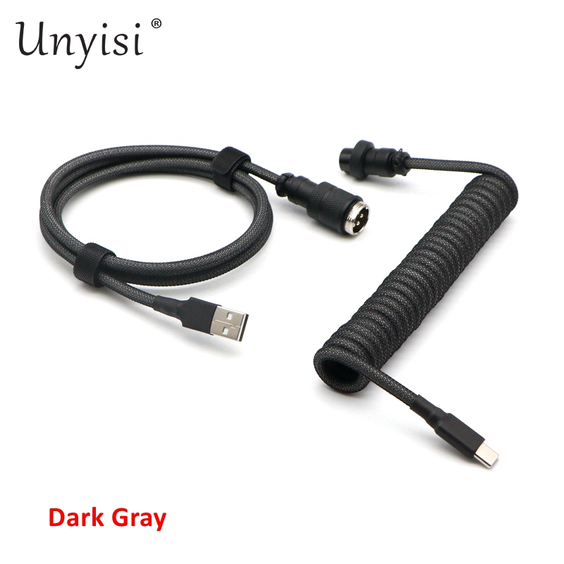Handgefertigtes Paracord und PET-Doppelhülsen-USB-A auf USB-C Typ-C-Spiralkabel für mechanische Tastatur mit GX16 Aviator.