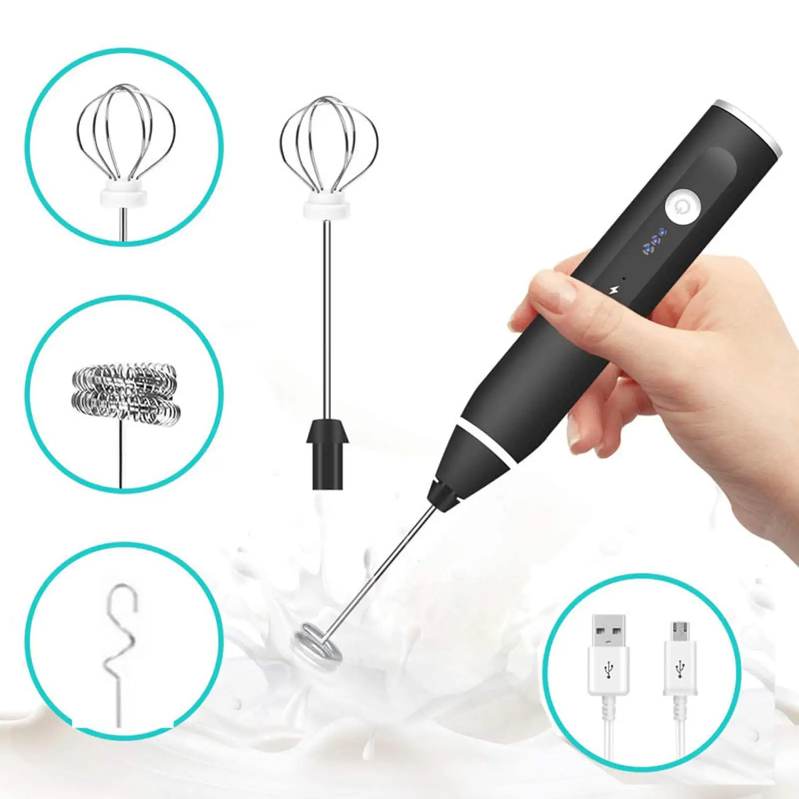 Di Động Bọt Sữa Trứng Be USB C Sạc 2 Tốc Độ Với 3 Pha Đầu Đánh Trứng Trộn Xay Sinh Tố Cho Trứng Latte matcha