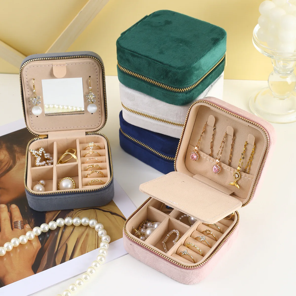 Fluwelen Sieradendoos Voor Vrouwen Geometrische Vierkante Sieraden Opbergdoos Ketting Ring Oorbellen Reizen Draagbare Rits Dozen