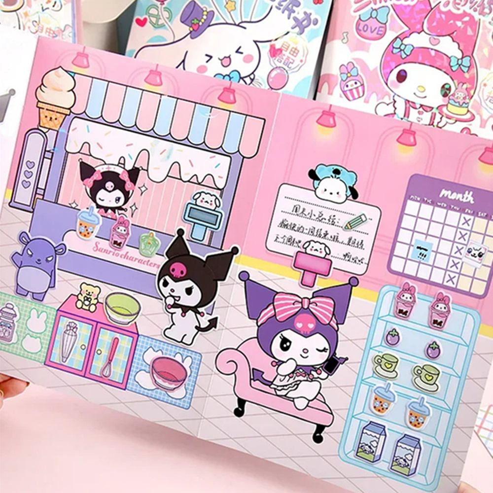 Sanrio livro silencioso bolha olá kitty cinnamoroll kuromi minha melodia pochacco brinquedo dos desenhos animados paisagem adesivo livro crianças brinquedos