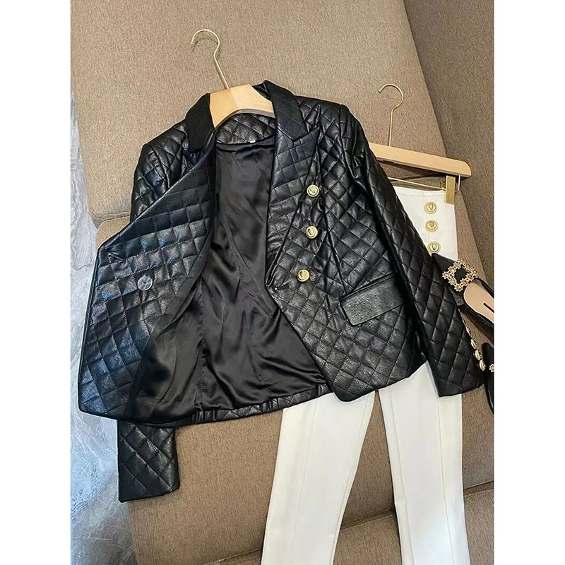 Thickened High-End Black Short Leather Jacket Women Shoulder Pads Autumn Fashion Blazer Coat Customized Suit Jacket Female