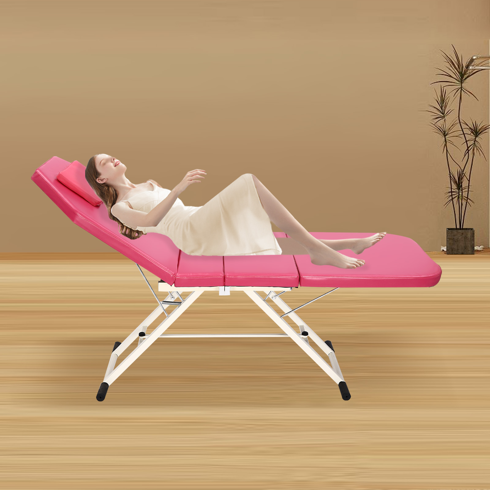Pink Triple Fold Beauty Bed Adjustable Backrest Massage Bed Foldable Collapsible Health Salons Beauty Salons With Pillow