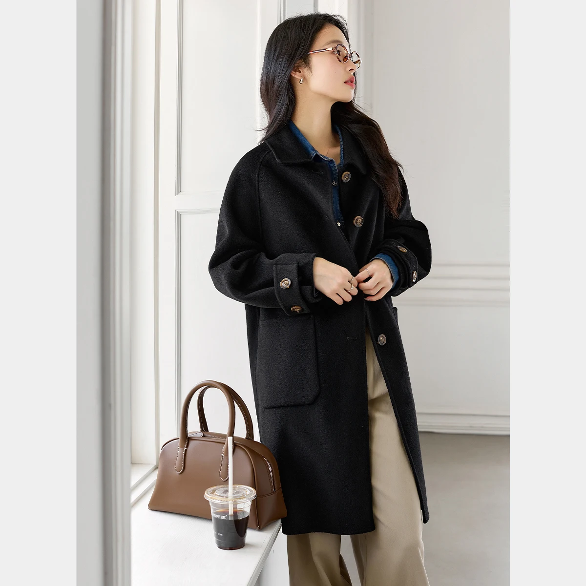 Vimly Double Faced Wool Blend ยาวฤดูหนาวผู้หญิงทําด้วยผ้าขนสัตว์สบายๆถักเสื้อ Office Lady WARM Overcoat 50811