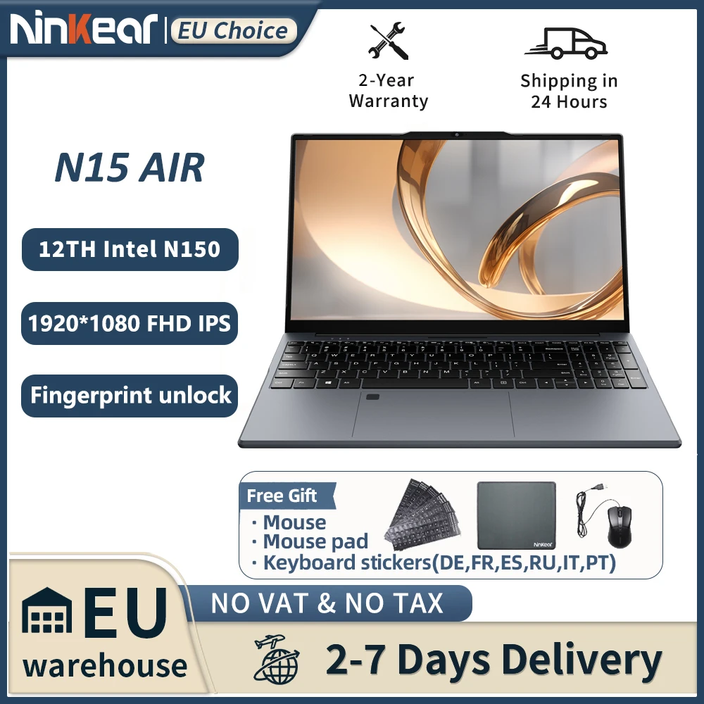 Ninkear N15 Air Laptop Intel N150 16GB DDR4 512GB SSD 15.6" FHD Tastiera retroilluminata 180 °   Flip 46.2WH Notebook per computer da ufficio sottile