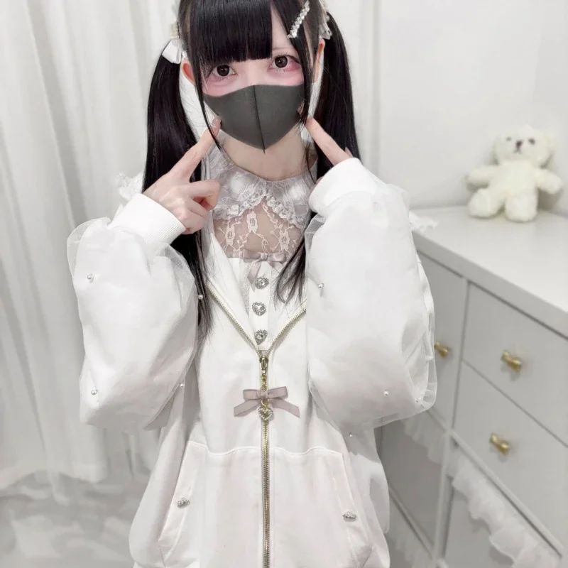 Abrigos japoneses de gasa con perlas para mujer, chaquetas con Orejas de conejo de encaje estético Y2k, sudaderas con capucha informales de gran tamaño Harajuku Kawaii