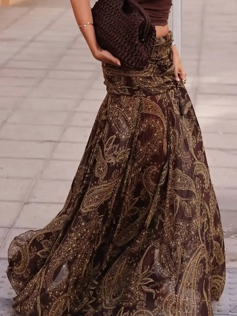 Gonne lunghe altalena grandi stampate irregolari per le donne Vita alta Copri glutei Gonna maxi a-line Abiti con fondo vintage femminile