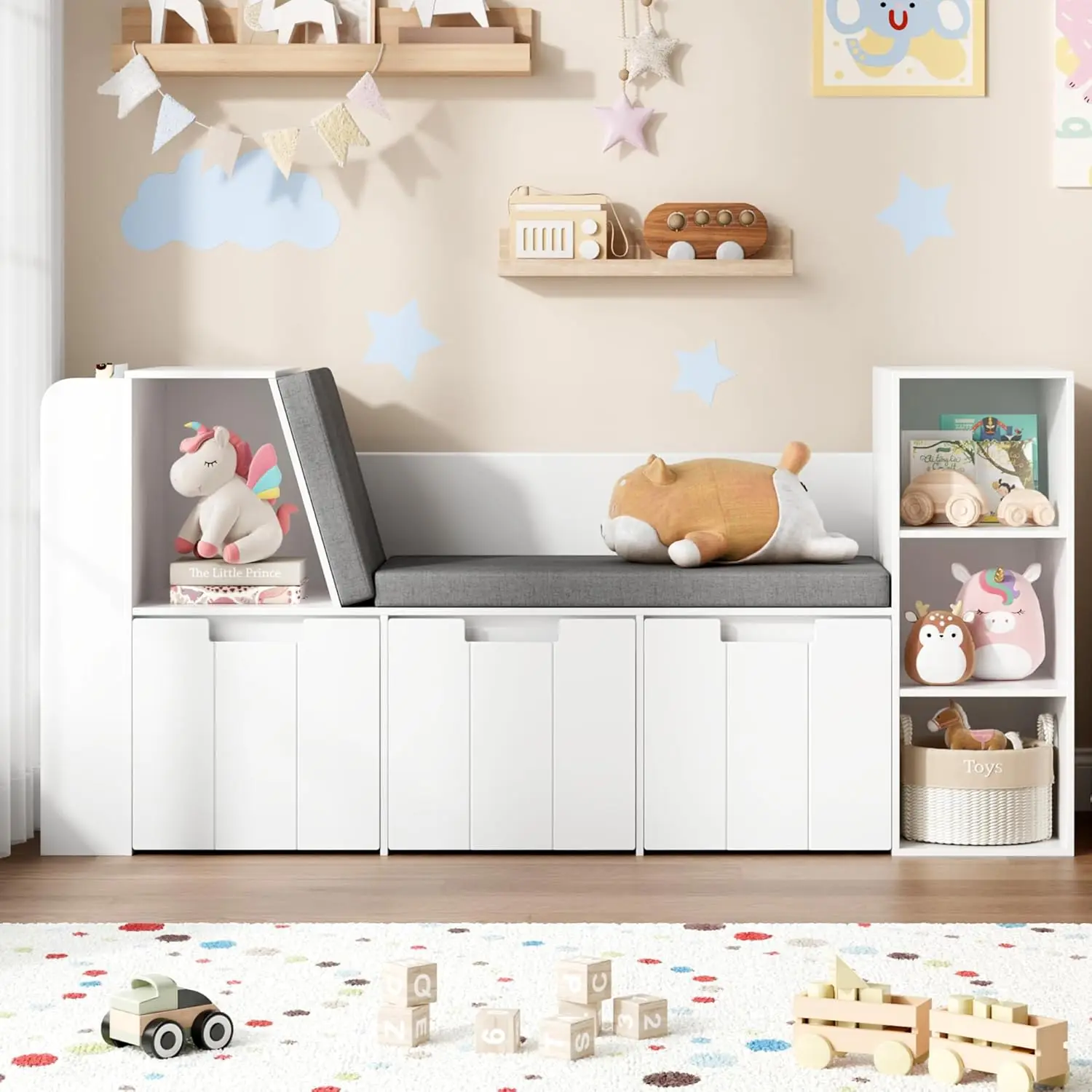 61.5" Kids Reading Nook with 3-Layer Bookshelf, Reading Nook for Kids with Double Bench and Rolling Drawers, Kids Bookshelf and