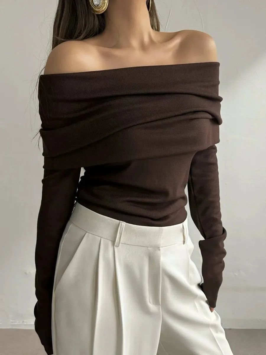 Sweter damski z odkrytymi ramionami, dzianinowy top, bluzka z długim rękawem, swetry, odzież, czerwony, szary, brązowy, nowy, jesień, zima, biały