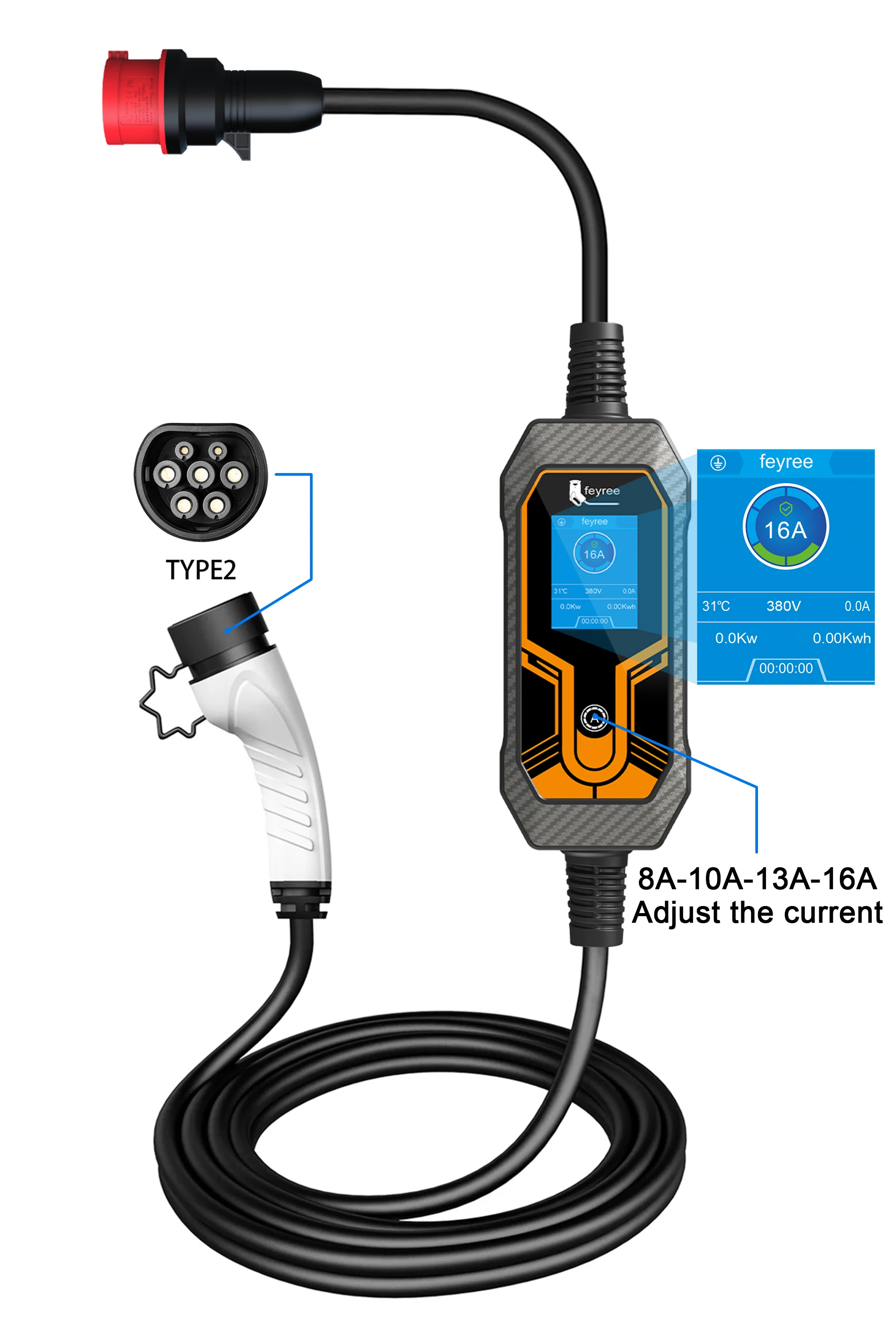 feyree 11KW 16A EV ポータブル充電器 Type2 EVSE 充電ボックス電気自動車の充電器 CEE プラグ IEC62196-2 電気自動車の充電器