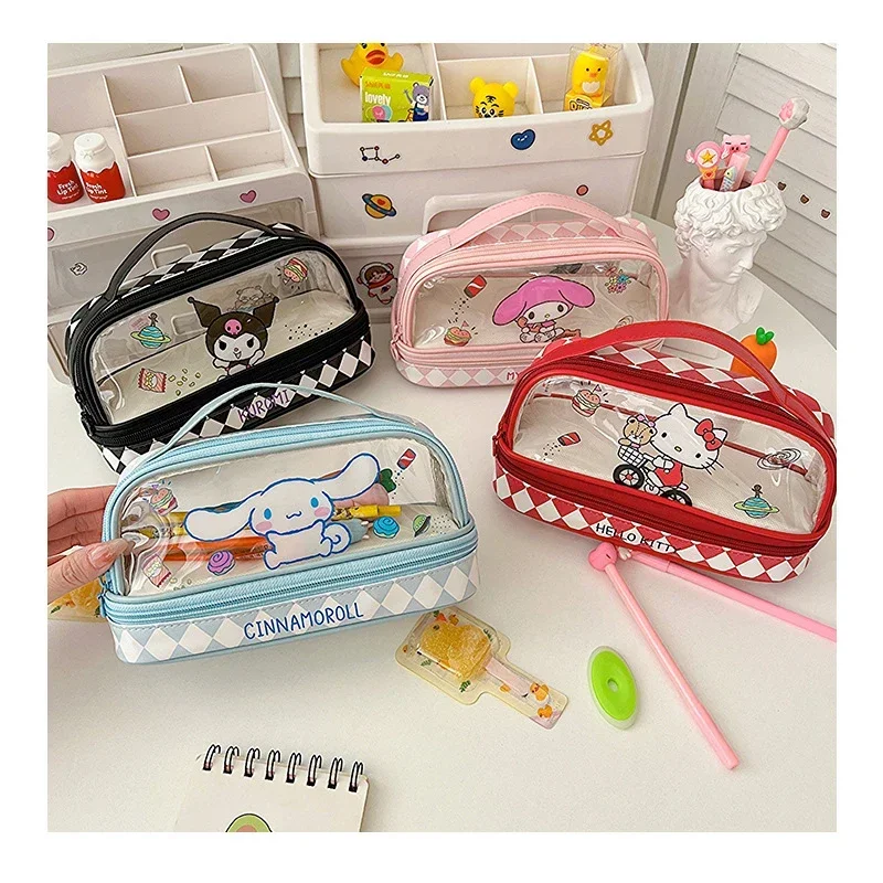 Cartone animato Kawaii Hellokity Kuromi astuccio trasparente a doppio strato di grande capacità astuccio per cancelleria carino con cannella