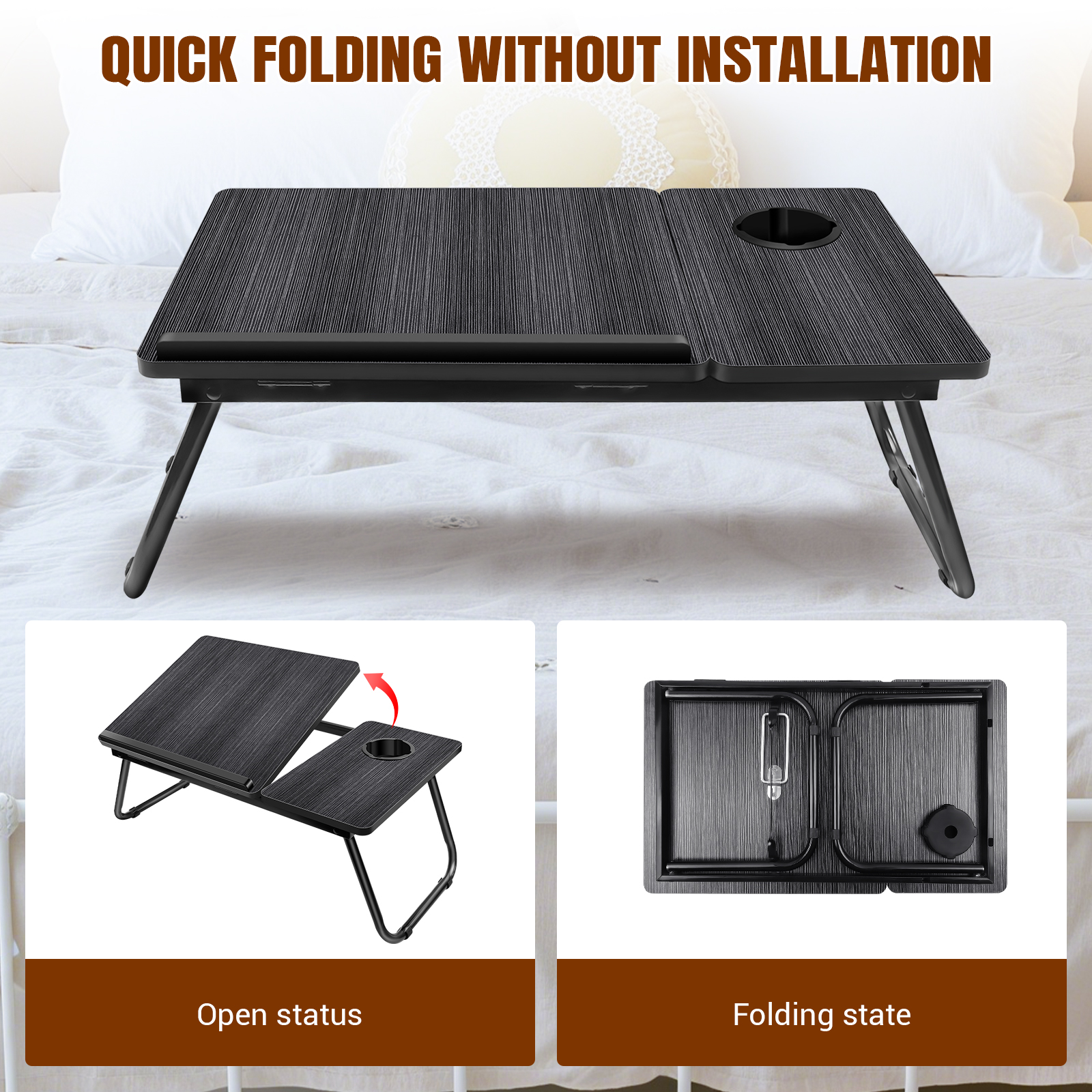 Laptop Desk, Laptop Bed Table with Foldable Legs & Cup Slot, Reading Holder Notebook Stand Breakfast Bed Tray Book Holder