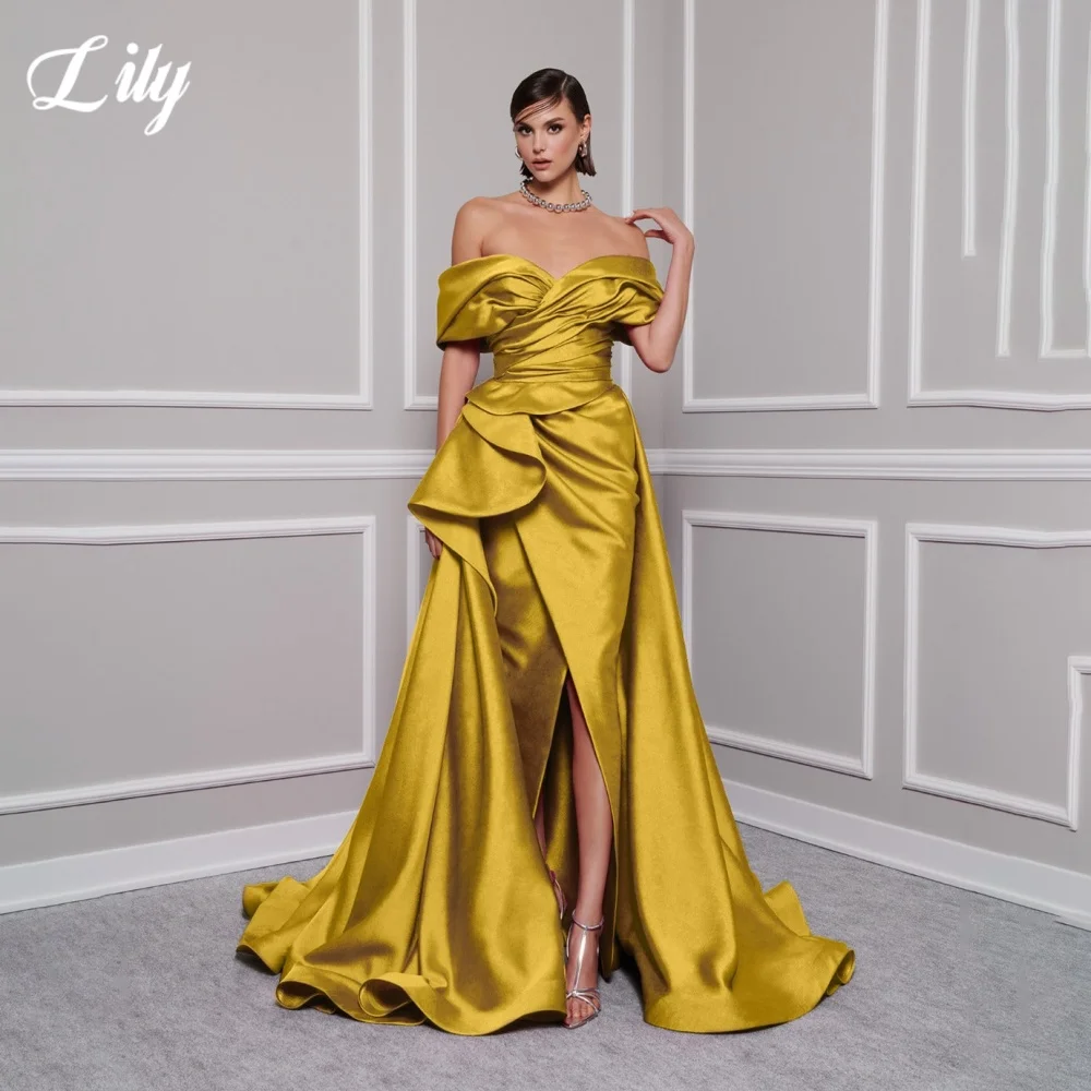 Lily Red Elegant ชุดราตรี V คอปิดไหล่ชุดผู้หญิงซาตินจีบด้านข้างแยกชุดราตรีที่กําหนดเอง