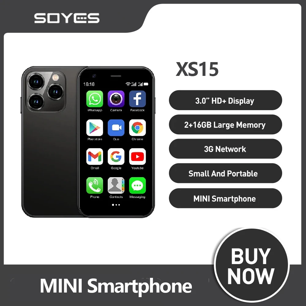 SOYES XS15 teléfono pequeño ultrafino de 3,0 pulgadas 2GB + 16GB Android 8,1 Dual SIM en espera 3G Mini teléfono inteligente 1000mAh Wifi GPS teléfono móvil
