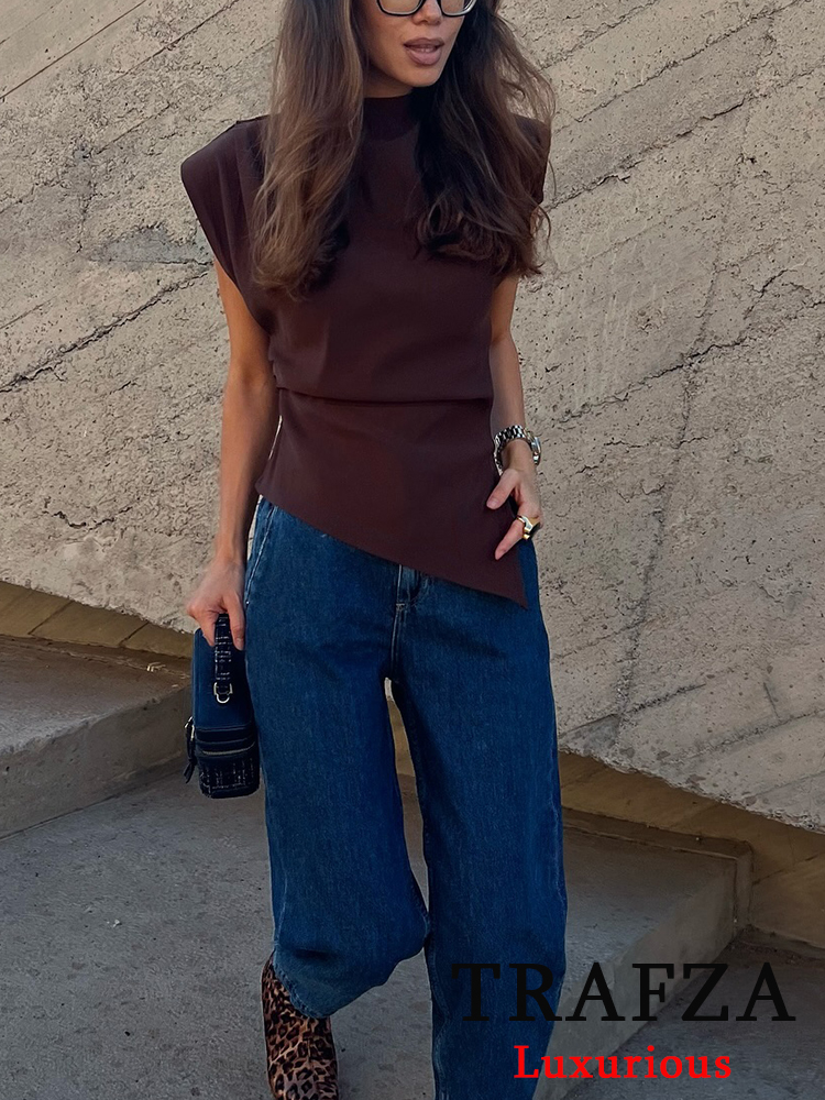 TRAFZA Vintage Chicผู้หญิงไม่สมมาตรO-คอซิปแขนกุดพับแฟชั่น 2025 Streetwearเบาะไหล่ด้านบน