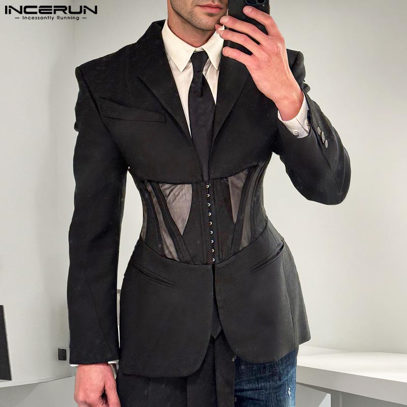 INCERUN 2024 เสื้อผ้าผู้ชายหล่อสไตล์ Patchwork ตาข่ายเข็มขัดเสื้อสูทเซ็กซี่ชายสีทึบแขนยาว Blazer S-5XL