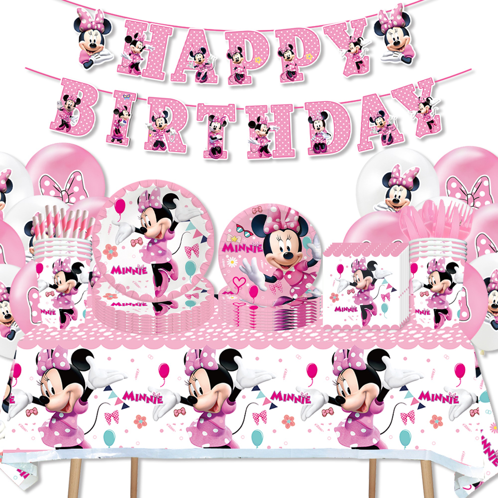 Minnie Mouse Geburtstag Party Dekoration Mädchen Einweggeschirr Ballon Tassen Teller Tischdecke Ballon Babyparty Party Dekor