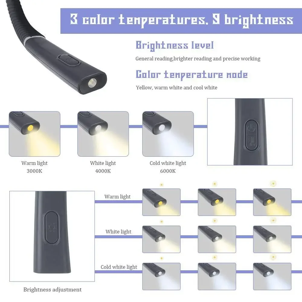 Luz de lectura para el cuello, novedad, luces flexibles para el cuello, luz para libros manos libres, lámpara de lectura Hanling, iluminación portátil para libros recargable por USB