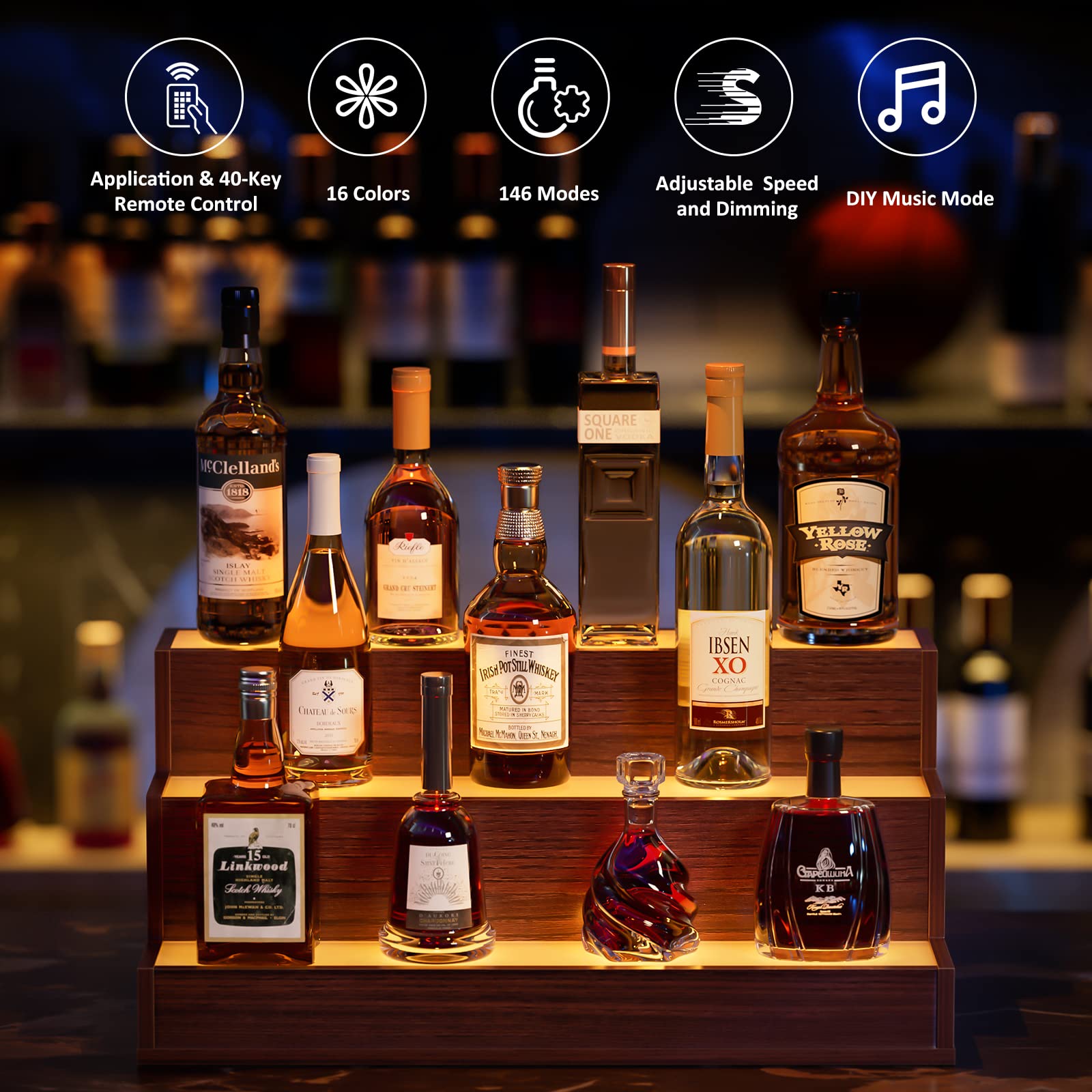 Cubehom LED Bottle Display Shelf, 3 Step Freestanding Bar Shelf with App & Remote Control, Illuminated Drinks Rack, Walnut