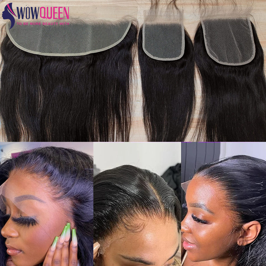 Cabelo humano remy reto com fechamento frontal completo do laço, 100% cabelo humano, orelha a orelha, transparente, 4x4, 5x5, 6x6, 13x4, 13x6