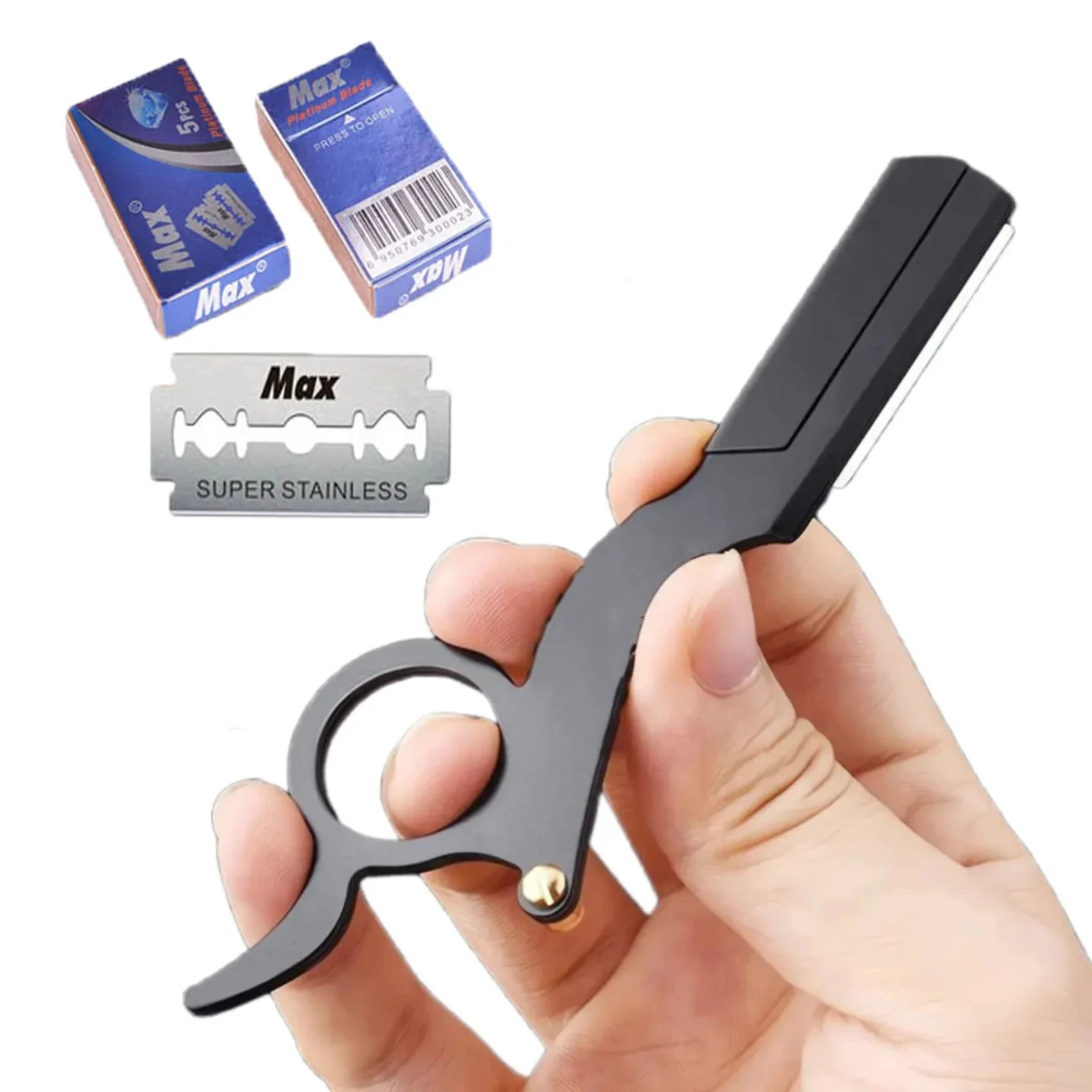 Maquinilla de afeitar clásica de acero inoxidable, 1 + 10 Uds., para pulgar, doble filo, corte de pelo, cabeza calva, soporte de peluquería para dar forma a las cejas