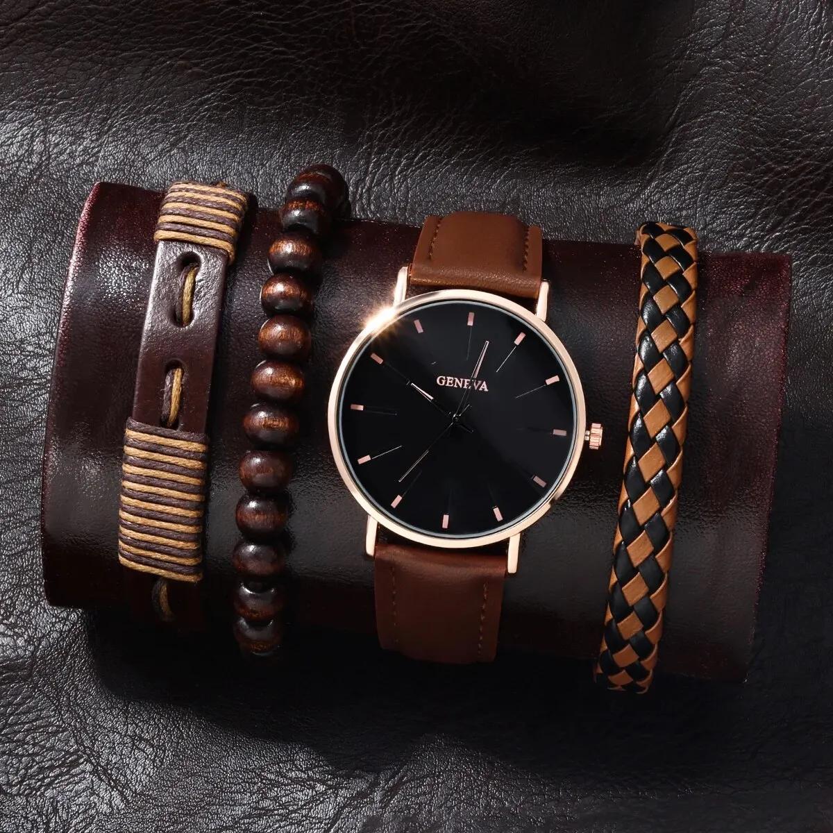 4 Stück Herrenmode einfache blaue Nadel Zifferblatt Zeiger Quarz Gürtel Uhr Luxus Leder Leder Holz Perlen Armband Ramadan Geschenkset