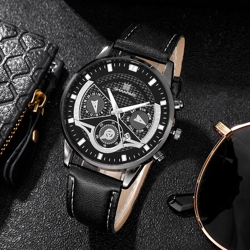 Conjunto de relógio ultra fino minimalista masculino, relógio de pulso quartzo couro empresarial, relógios simples de moda, 3 peças