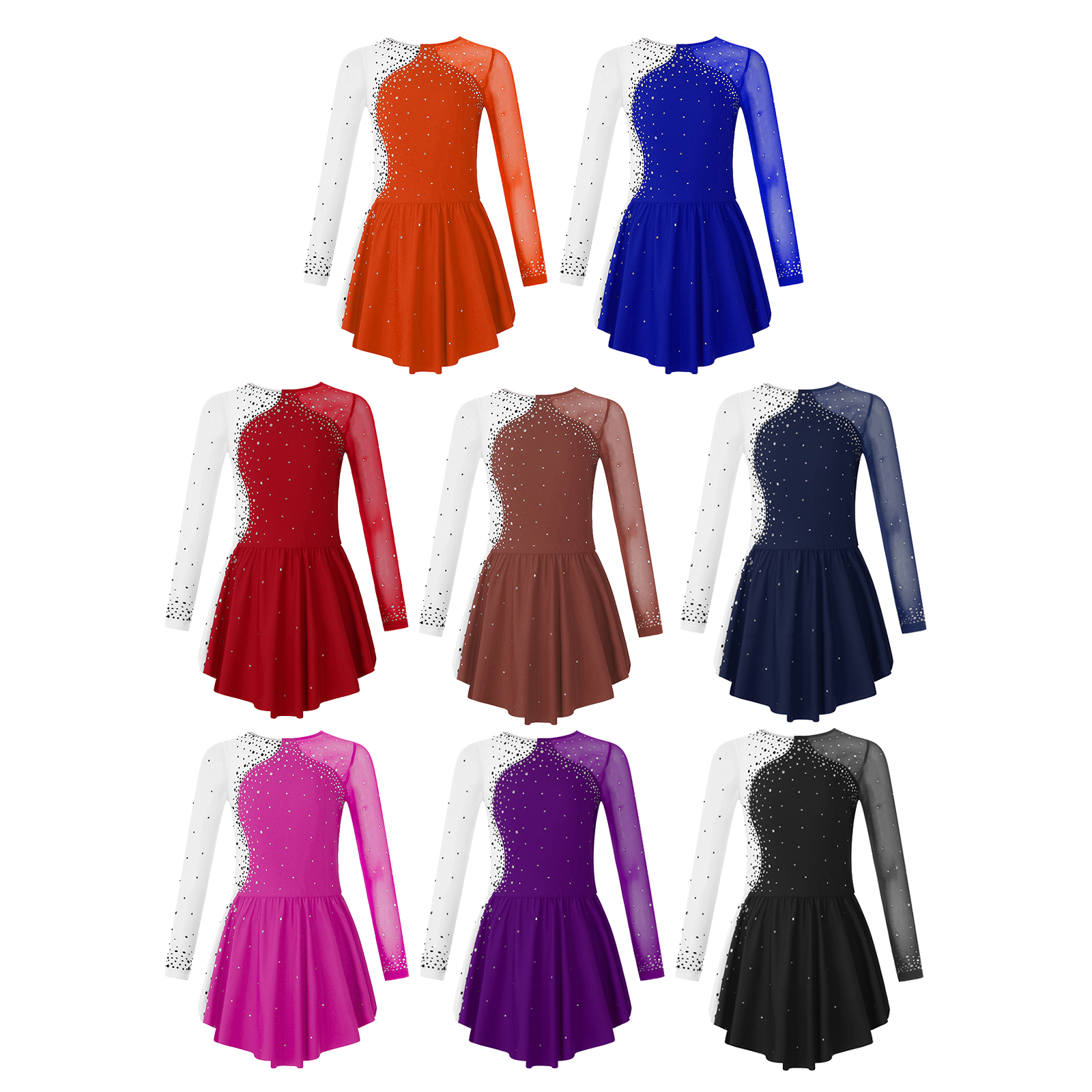 Mädchen Eiskunstlauf Kleid Ballett Tanz Gymnastik Trikot Tutu Langarm Glänzenden Strass Splice Roller Kleider Dancewear