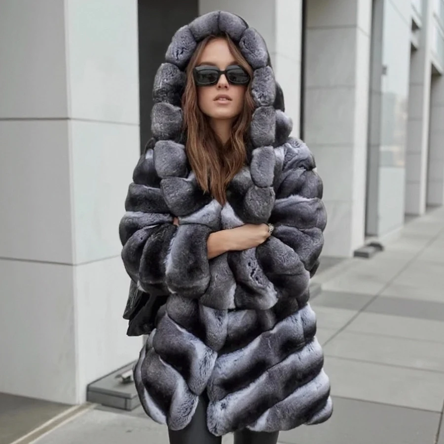 Frauen Pelzmantel Chinchilla Pelz Echt Rex Kaninchen Pelzmantel Mit Kapuze Luxus Marke Winter Frau pelz Jacke