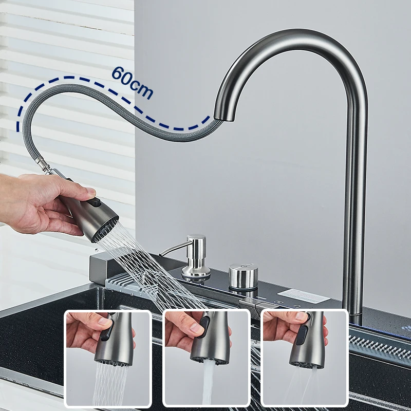 Pia de cozinha de aço inoxidável 304 com torneira cascata com display digital, multifuncional 75*45cm grande pia de baleia de slot único