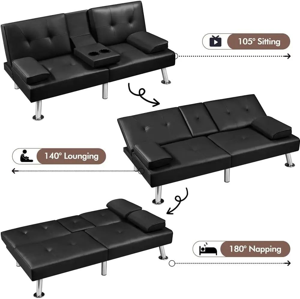 Convertible Sofa Bed Adjustable Couch Sleeper Modern Faux Leather Recliner Reversible Loveseat Folding Daybed Guest Bed, Removab