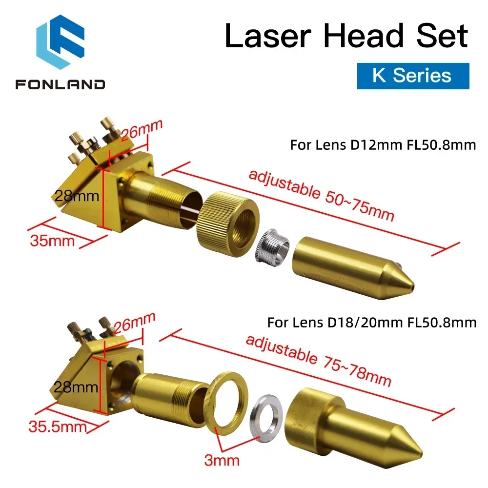 FONLAND K Series CO2 Mini Laser Head Set D12 18 20 Lens for 2030 4060 K40 Laser Engraving Cutting Machine