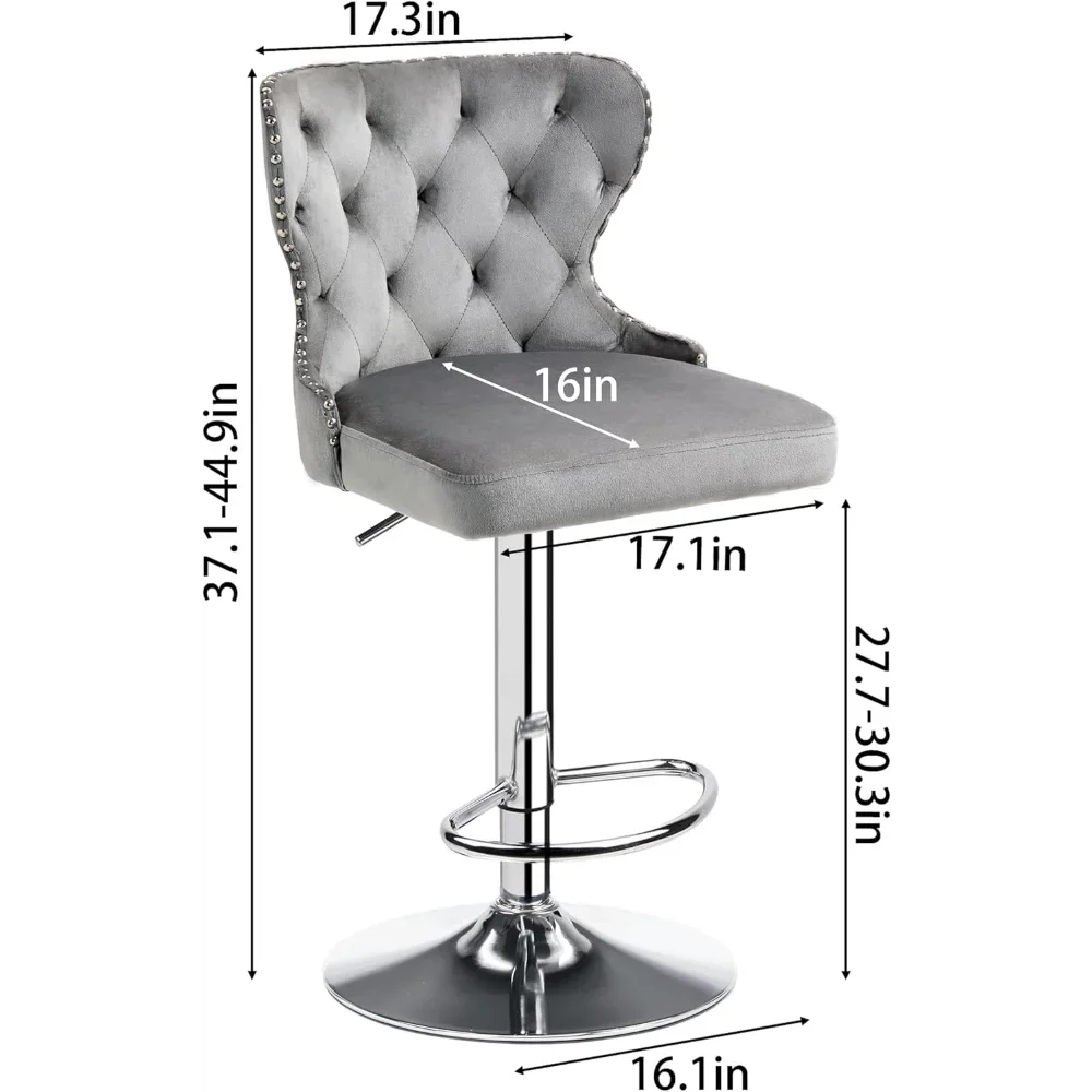 Set of 2 Adjustable Swivel Bar Stools,Velvet Upholstered Counter Height Chairs with Nailhead Trim, Silver Footrest