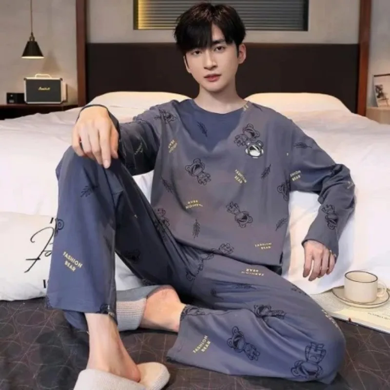 Plus Größe Männer Pyjama Set Langarm Lange Hosen Student Lose Beiläufige Nachtwäsche Loungewear Zwei Stück Set Cartoon Nachtwäsche