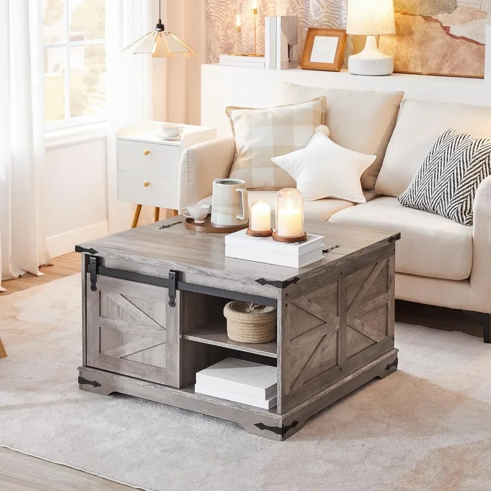 Mesa de centro Greige Farmhouse, mesa de centro quadrada grande para sala de estar, mesa de centro elevatória quadrada, madeira Greige