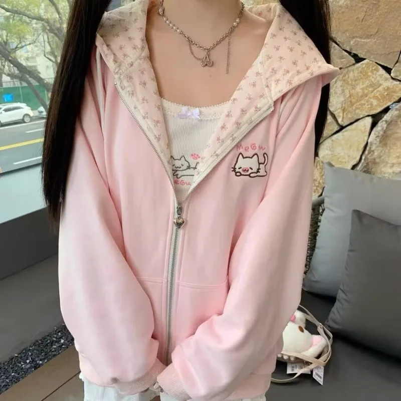 Abrigo con capucha Harajuku coreano Kawaii para mujer, cárdigan fino de manga larga con cremallera, ropa de calle Y2K, nuevas chaquetas holgadas de longitud media